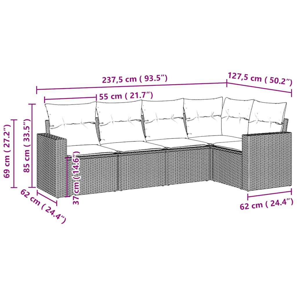 sofasæt 5 dele med hynder polyrattan lysegrå