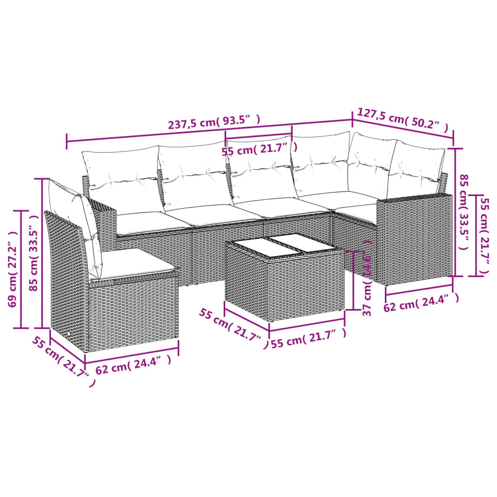 sofasæt til haven 7 dele med hynder polyrattan beige