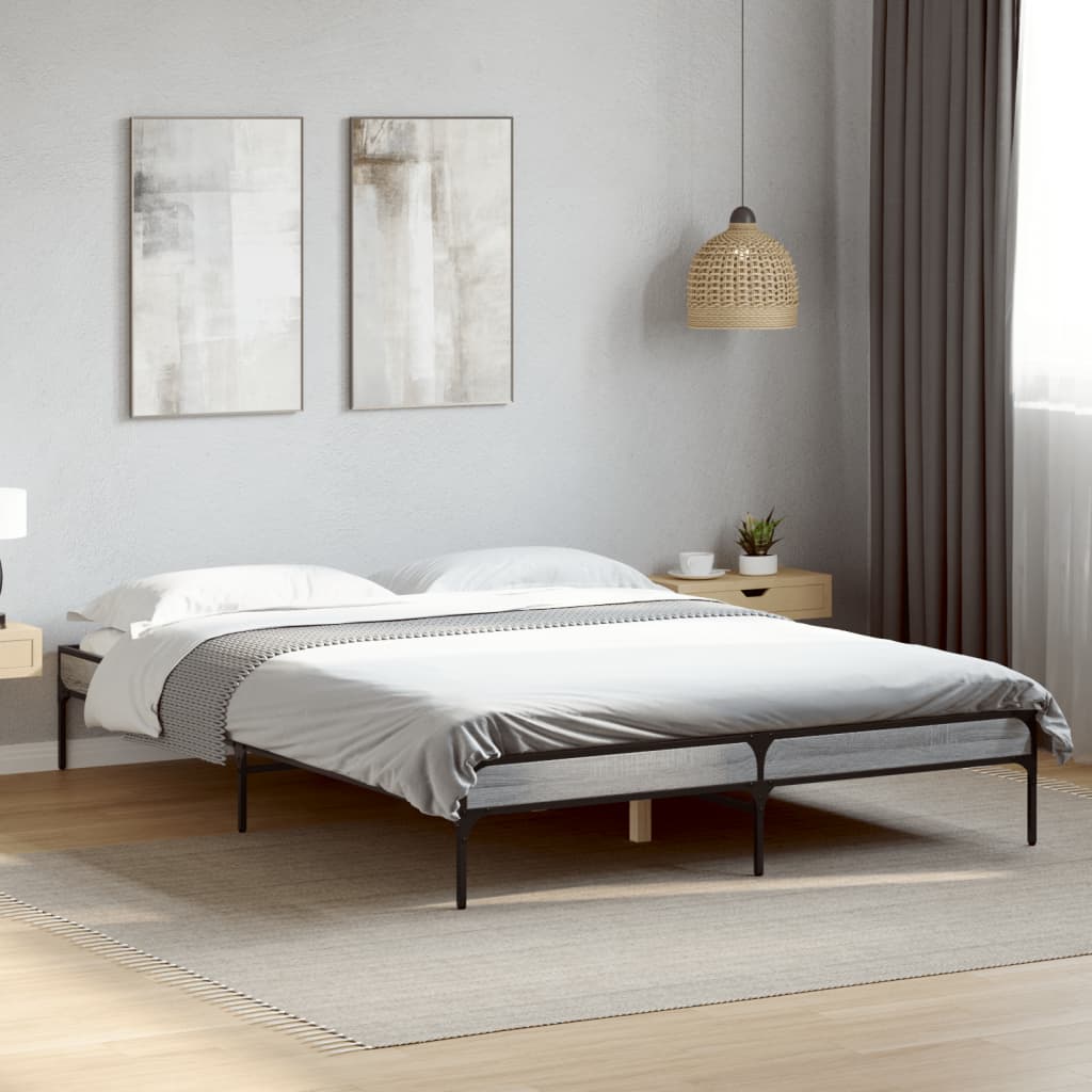 sengestel 135x190 cm konstrueret træ og metal grå sonoma-eg