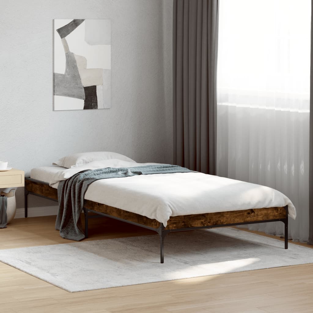 sengeramme 90x190 cm konstrueret træ og metal røget eg