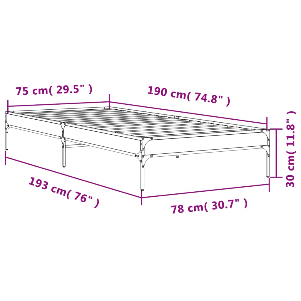 sengeramme 75x190 cm konstrueret træ og metal grå sonoma-eg
