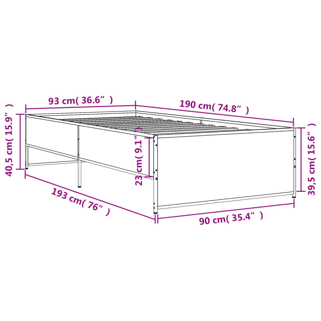 sengeramme 90x190 cm konstrueret træ og metal grå sonoma-eg