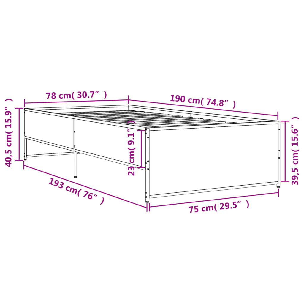 sengeramme 75x190 cm konstrueret træ og metal brun egetræsfarve