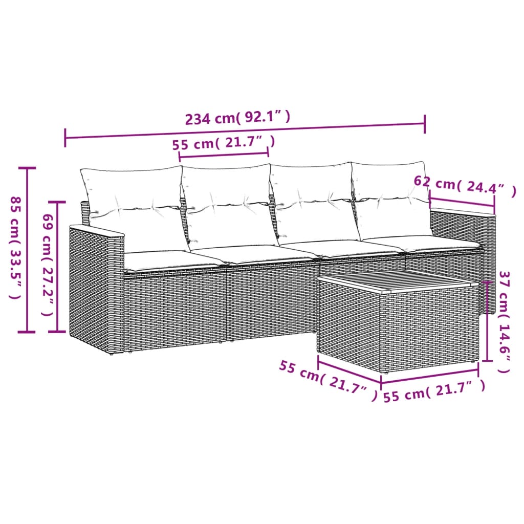 sofasæt til haven 5 dele med hynder polyrattan beige