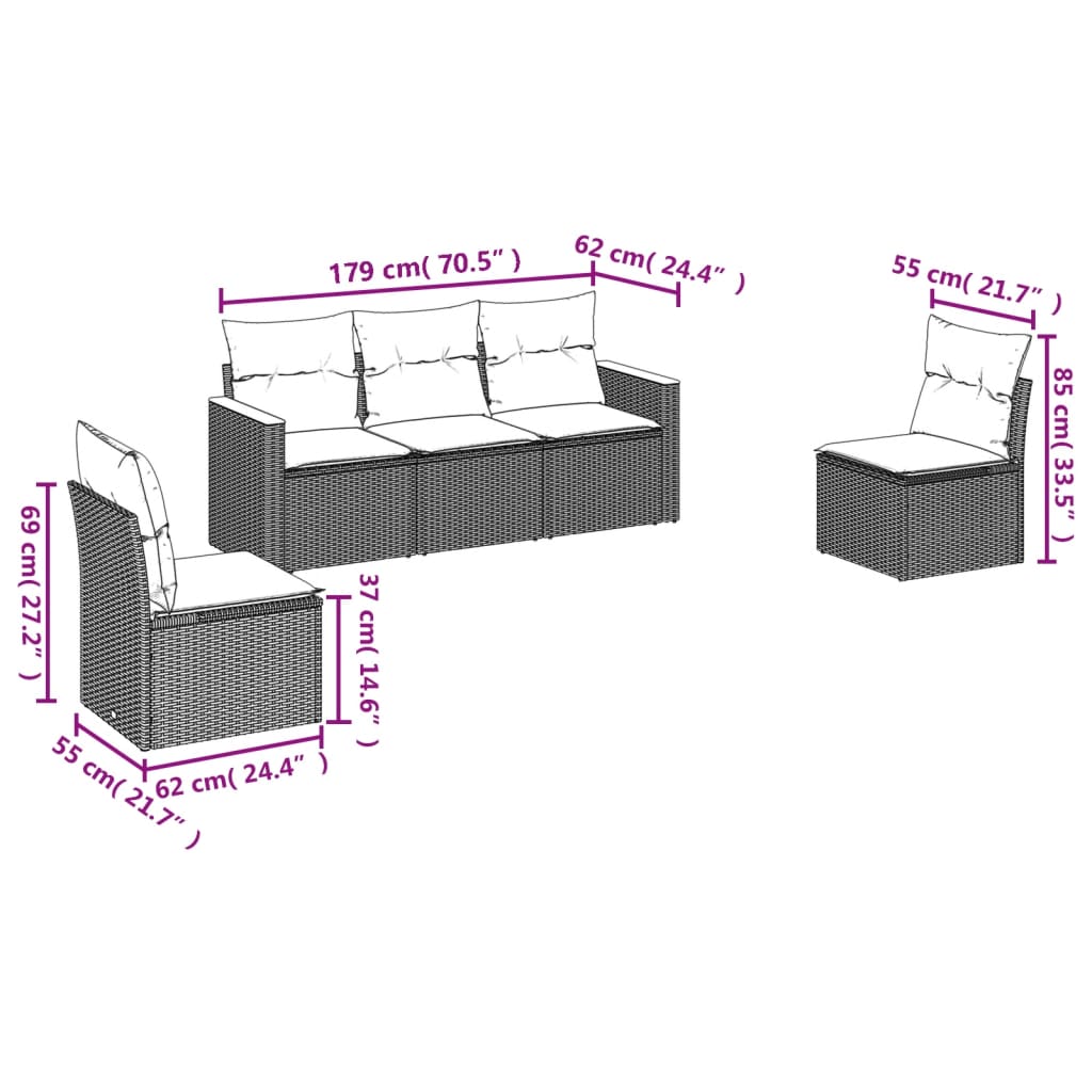 sofasæt 5 dele med hynder polyrattan grå