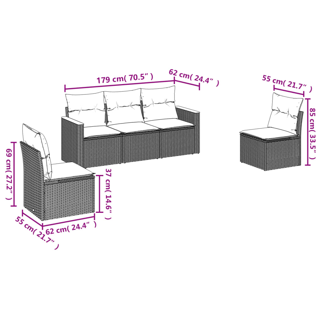 havesofasæt med 5 dele og hynder grå polyrattan
