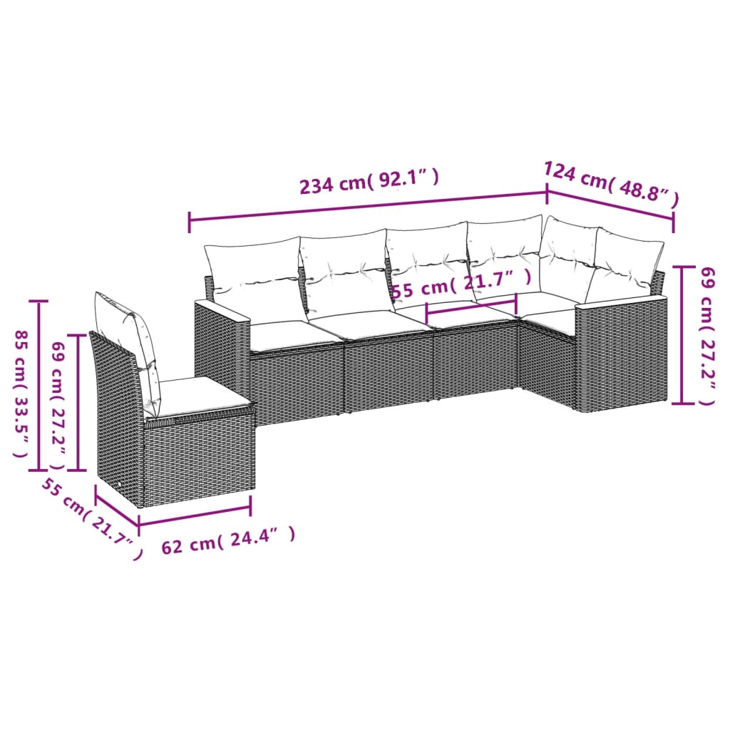 havesofasæt med 6 dele og hynder grå polyrattan