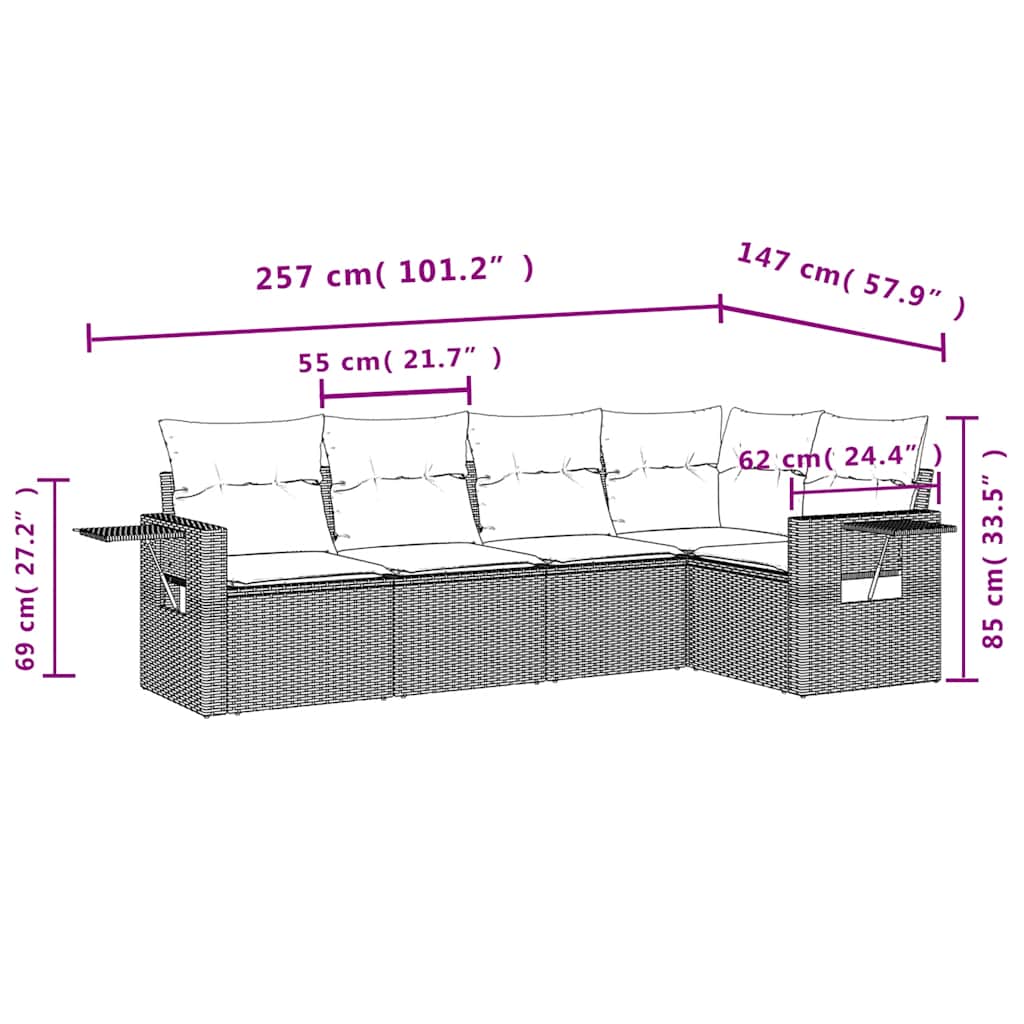 sofasæt til haven 5 dele med hynder polyrattan sort