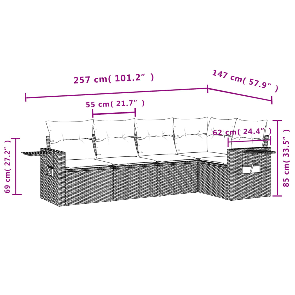 sofasæt til haven 5 dele med hynder polyrattan beige