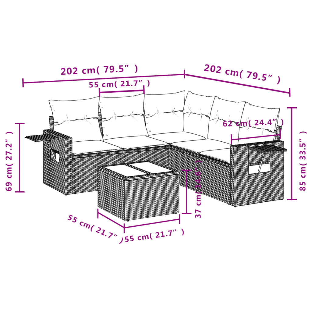 sofasæt til haven 6 dele med hynder polyrattan lysegrå