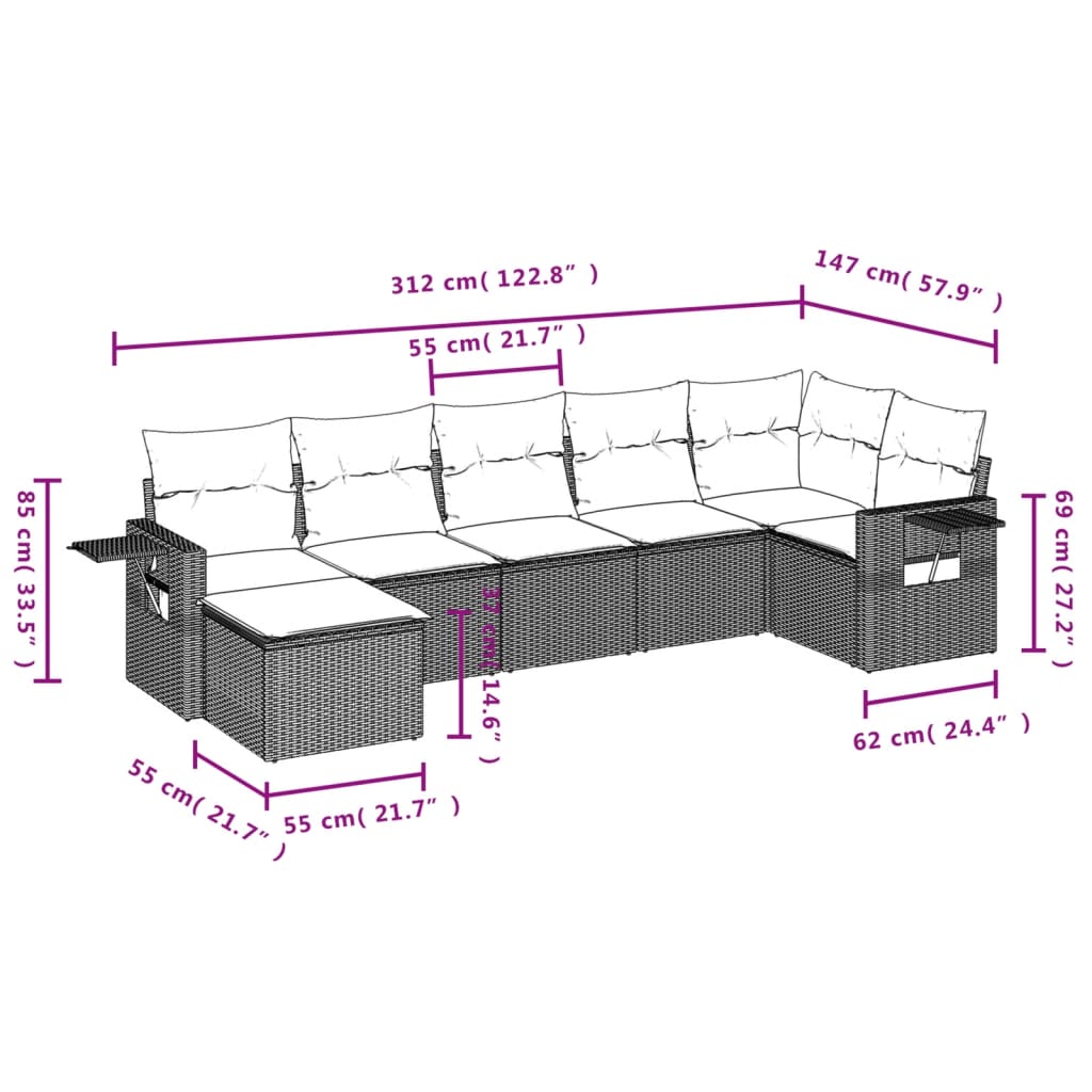 sofasæt til haven 7 dele med hynder polyrattan brun