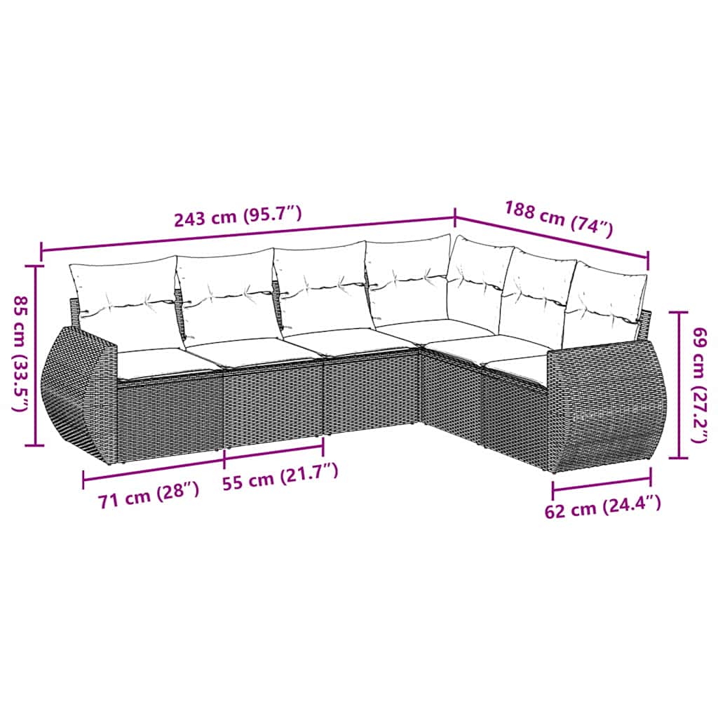 sofasæt til haven 6 dele med hynder polyrattan lysegrå