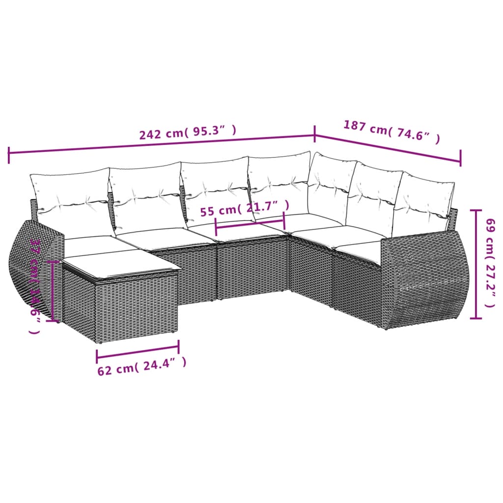 sofasæt til haven 7 dele med hynder polyrattan brun