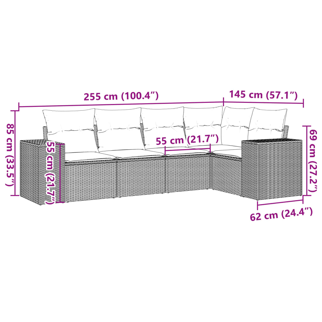 sofasæt til haven 5 dele med hynder polyrattan beige