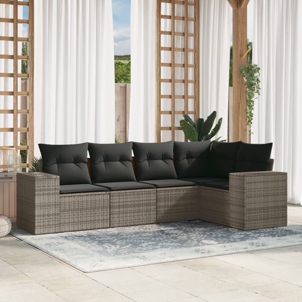 sofasæt 5 dele med hynder polyrattan grå