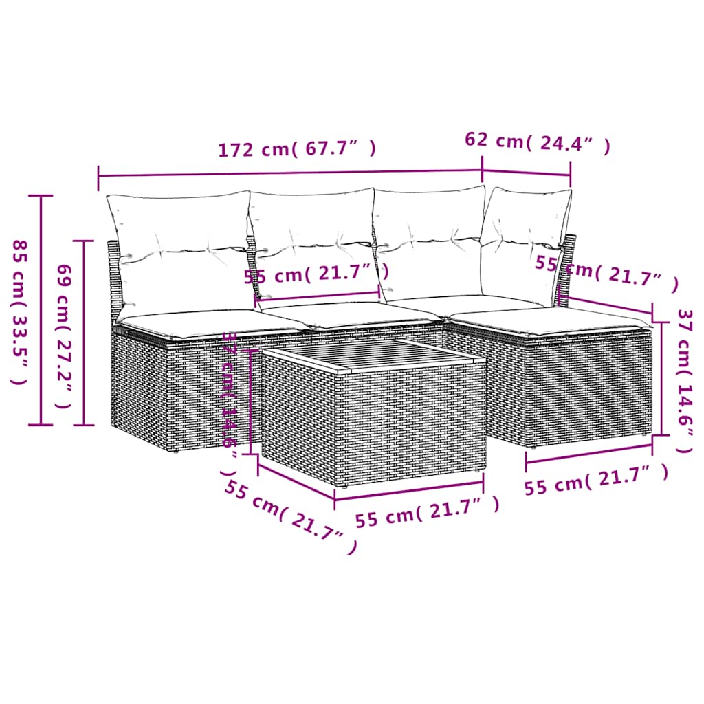 havesofasæt med 5 dele og hynder grå polyrattan