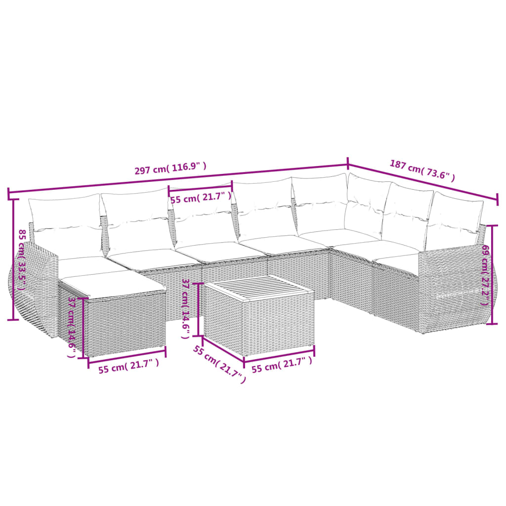 sofasæt til haven 9 dele med hynder polyrattan beige