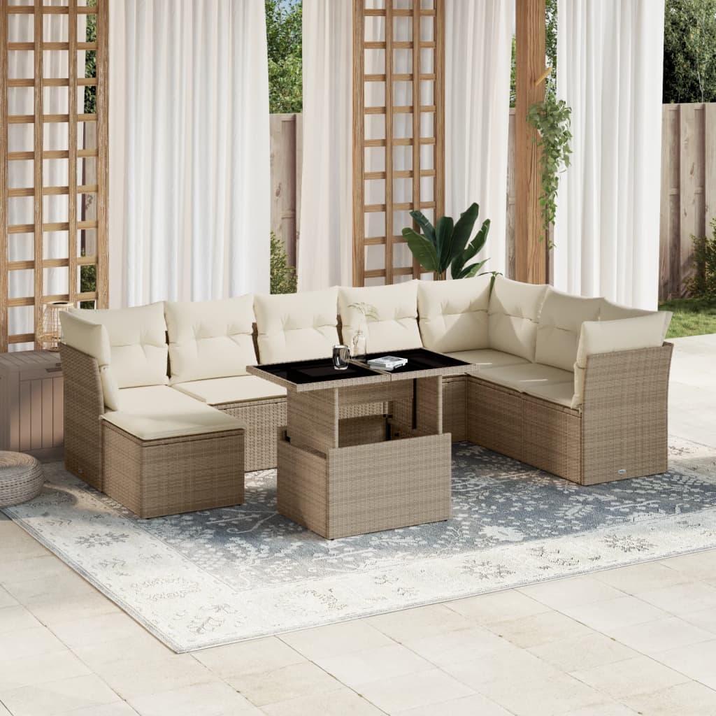 sofasæt til haven 9 dele med hynder polyrattan beige
