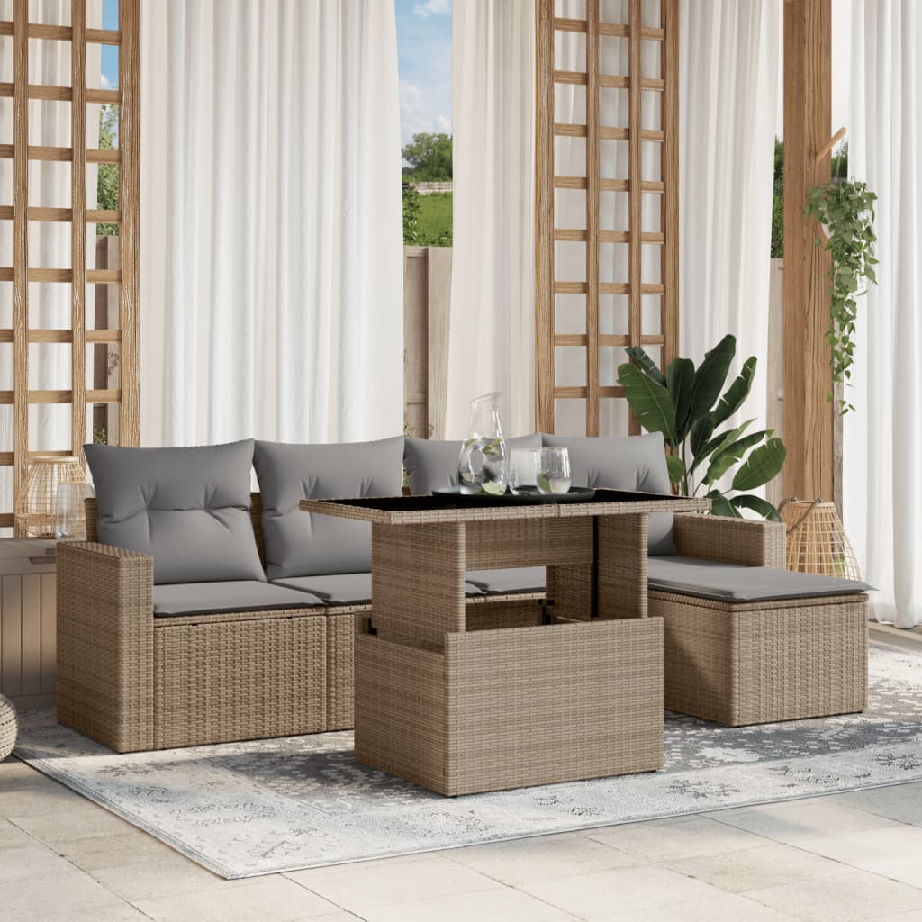 sofasæt til haven 6 dele med hynder polyrattan beige