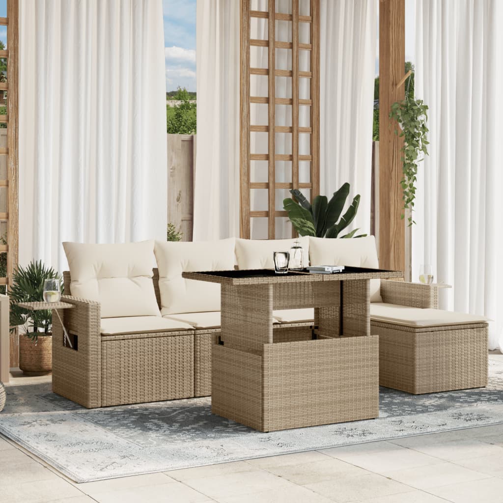 sofasæt til haven 6 dele med hynder polyrattan beige