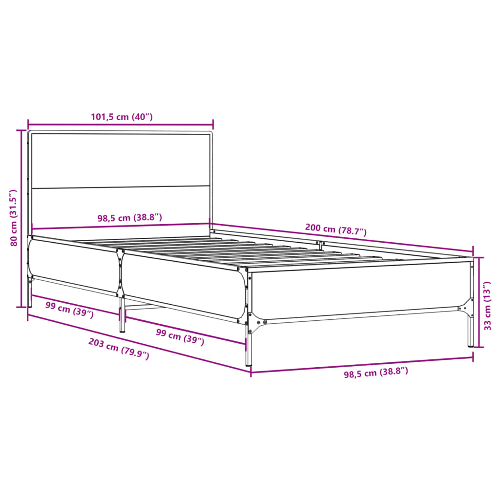 sengeramme 100x200 cm konstrueret træ og metal sonoma-eg