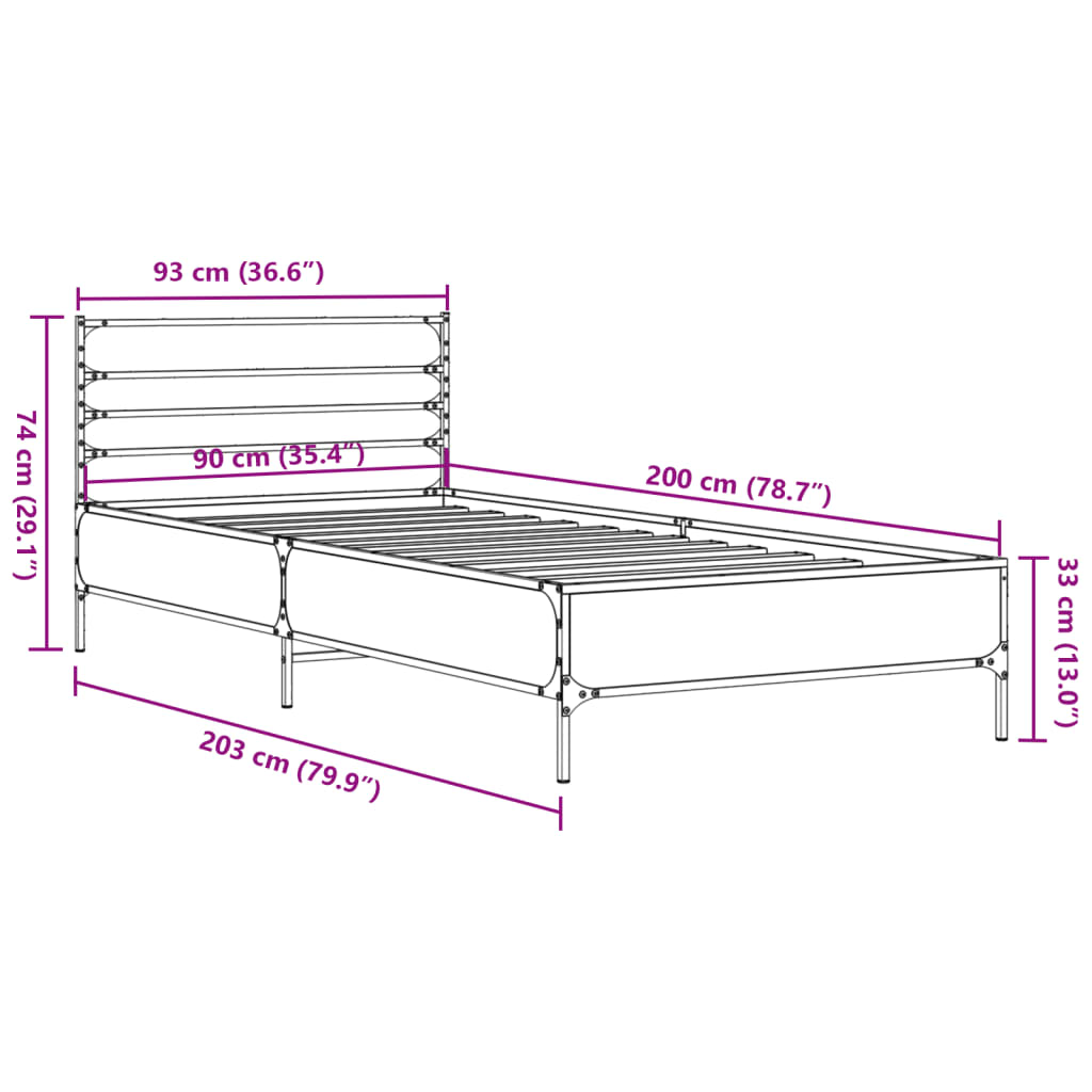 sengeramme 90x200 cm konstrueret træ og metal brun egetræsfarve