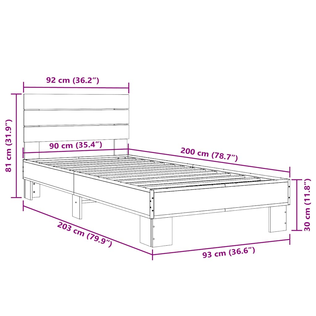 sengeramme 90x200 cm konstrueret træ og metal brun egetræsfarve
