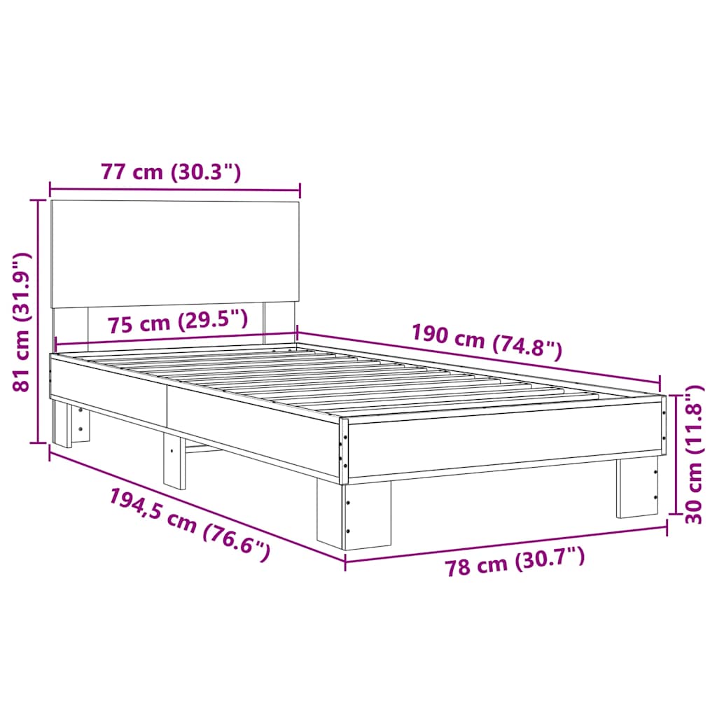 sengeramme 75x190 cm konstrueret træ og metal sonoma-eg