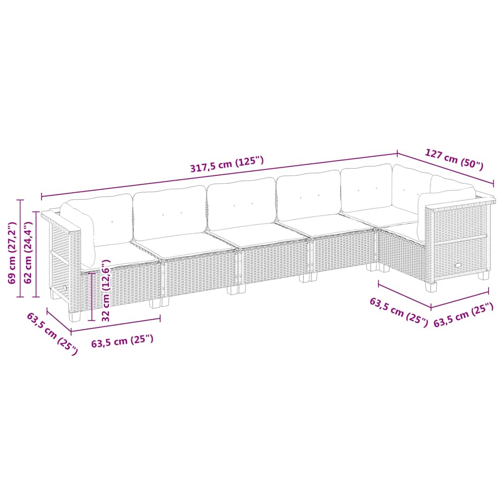 sofasæt til haven 6 dele med hynder polyrattan sort