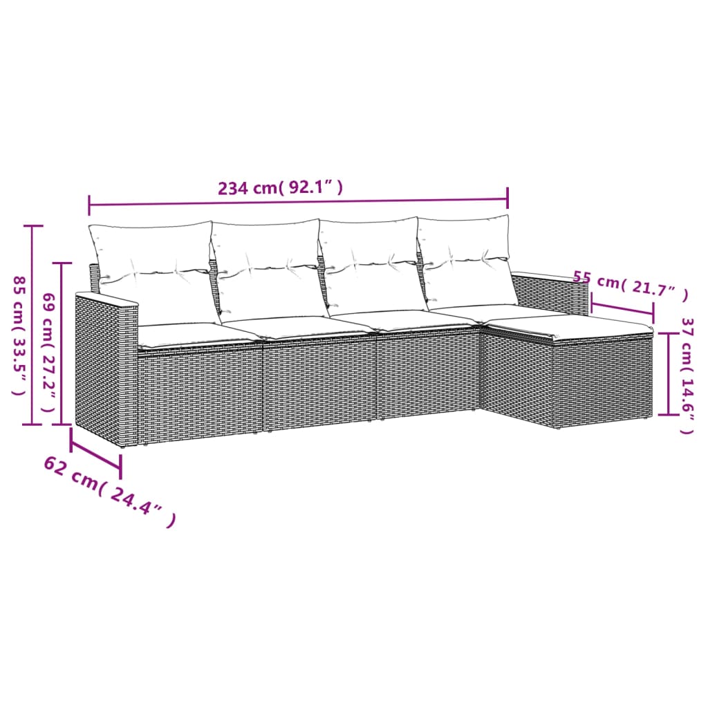 sofasæt 5 dele med hynder polyrattan grå