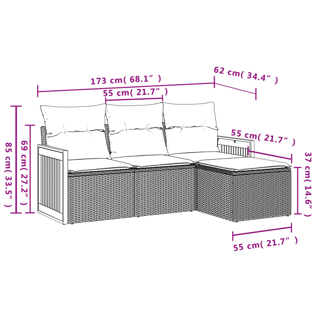 sofasæt til haven 4 dele med hynder polyrattan grå