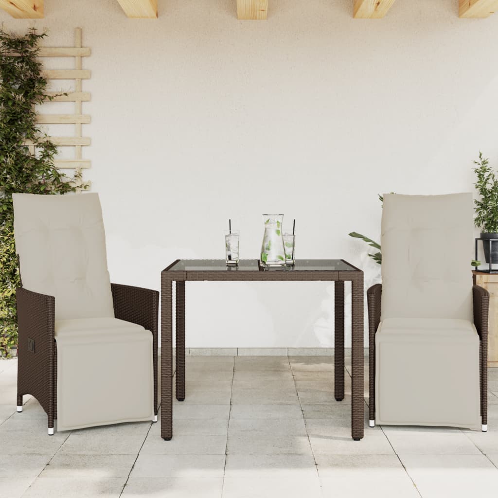 bistrosæt til haven 3 dele med hynder polyrattan brun