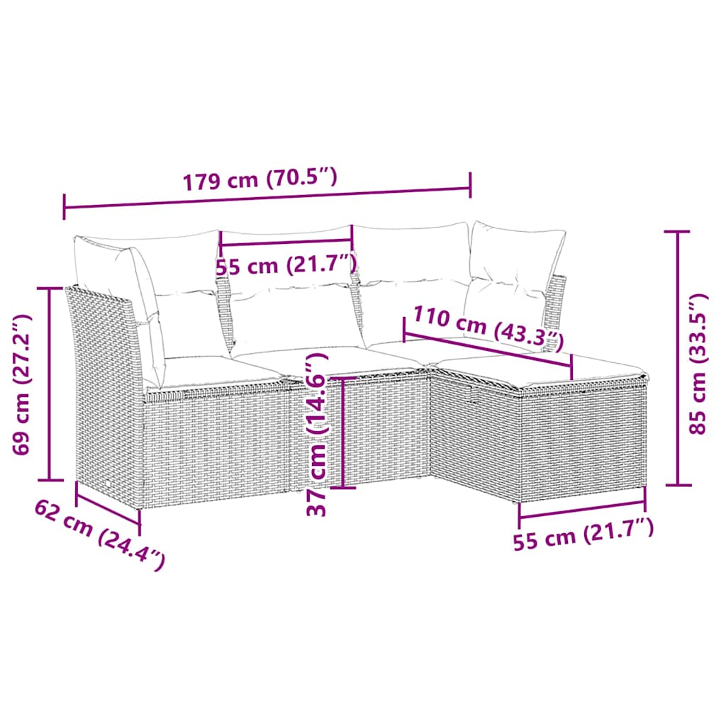 sofasæt til haven 4 dele med hynder polyrattan lysegrå