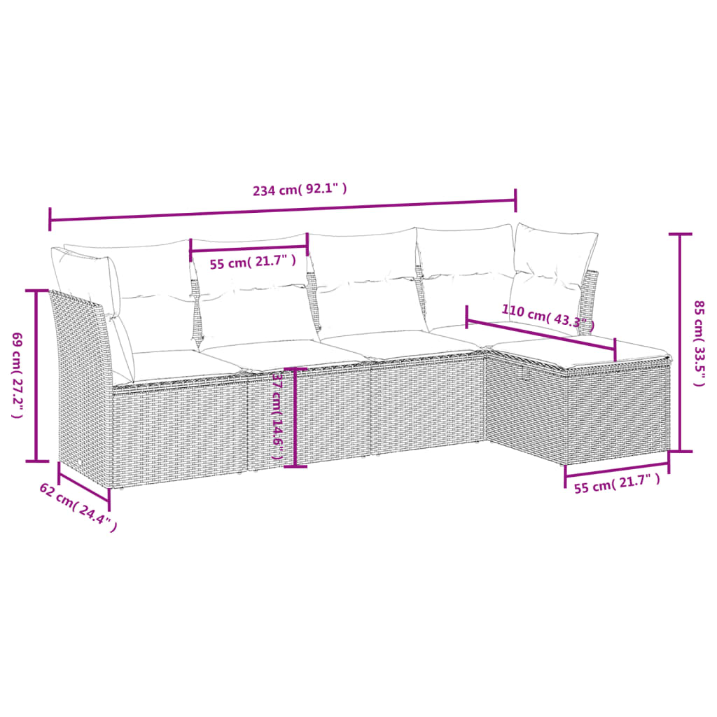 sofasæt 5 dele med hynder polyrattan lysegrå