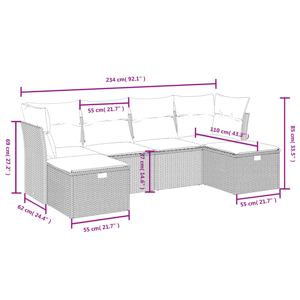 sofasæt til haven 6 dele med hynder polyrattan lysegrå
