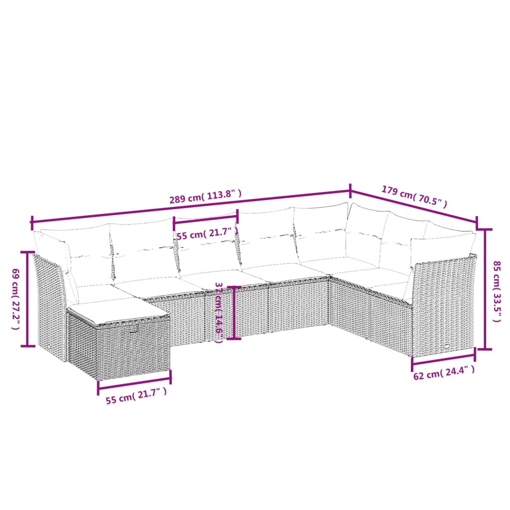 sofasæt til haven 8 dele med hynder polyrattan lysegrå