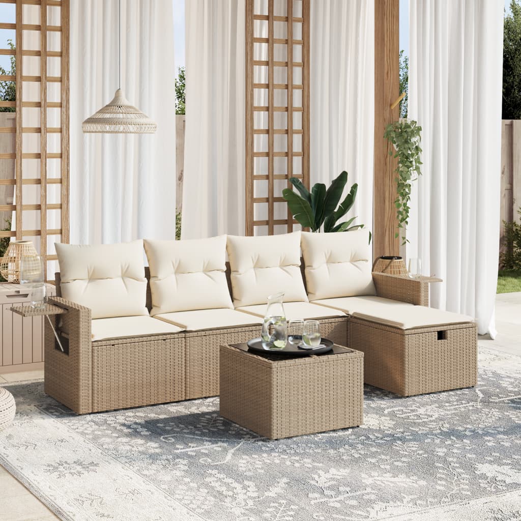 sofasæt til haven 6 dele med hynder polyrattan beige