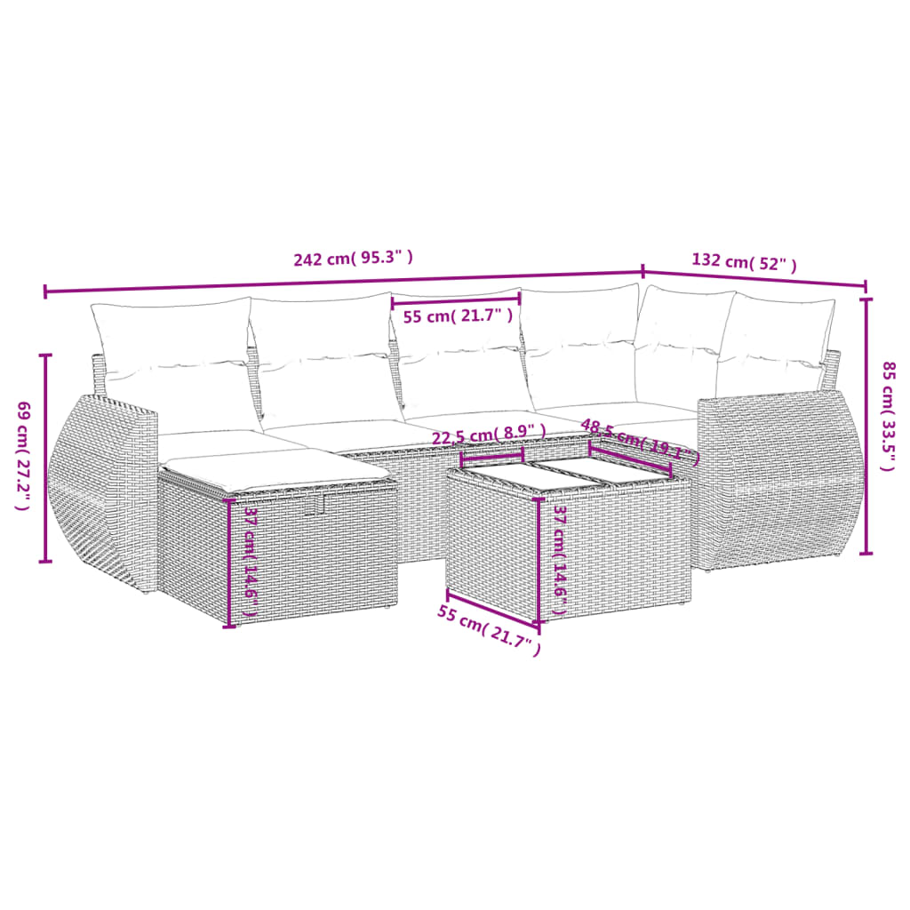 sofasæt til haven 7 dele med hynder polyrattan lysegrå