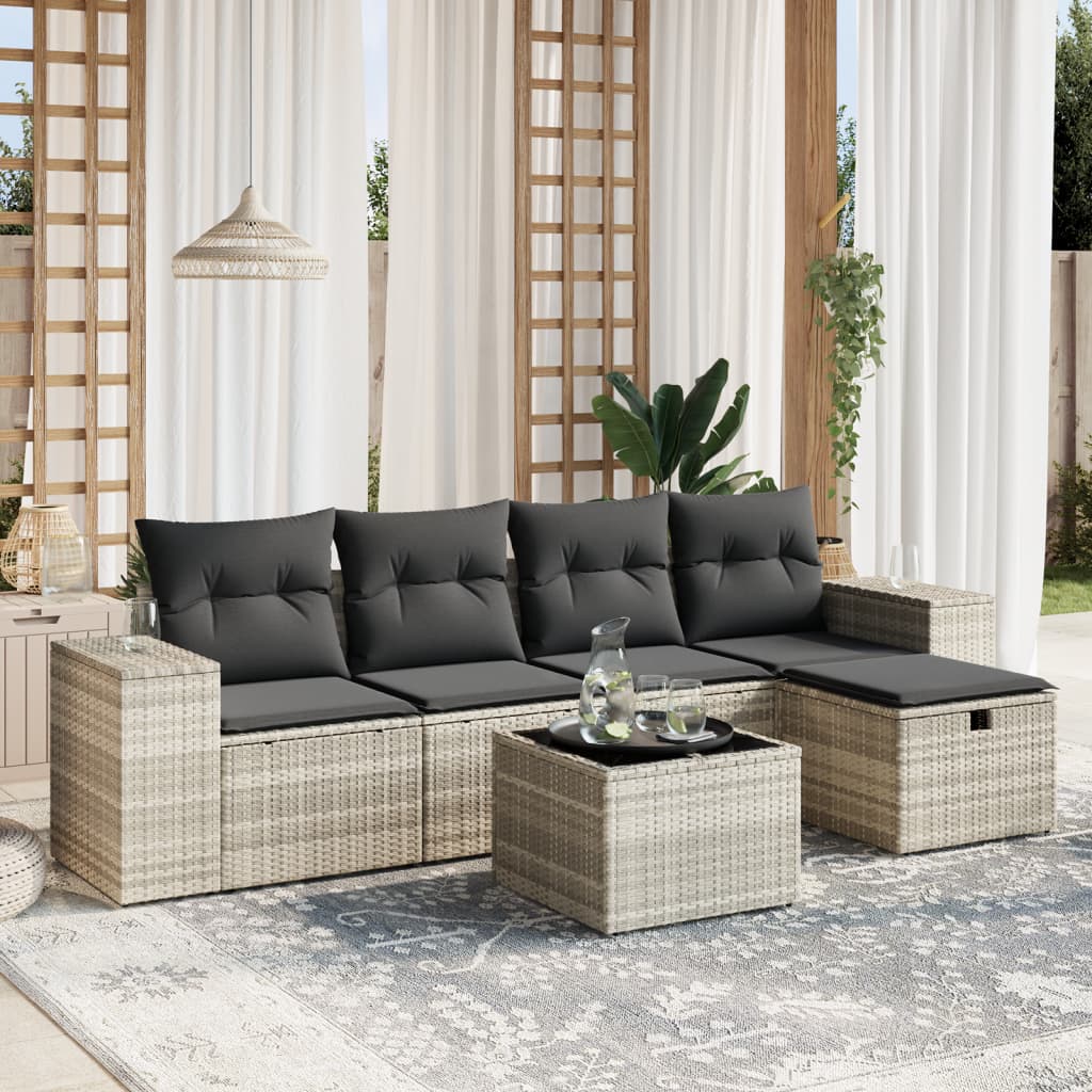 sofasæt til haven 6 dele med hynder polyrattan lysegrå