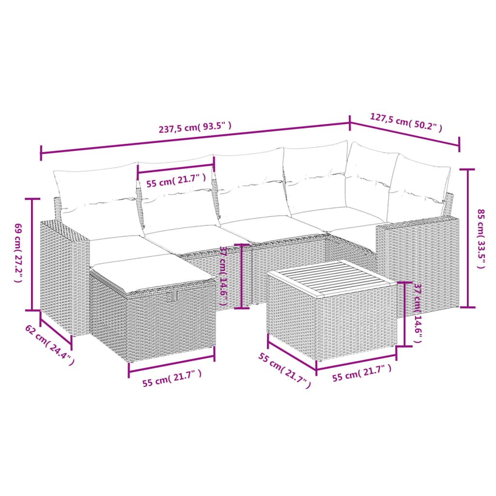 sofasæt til haven 7 dele med hynder polyrattan sort