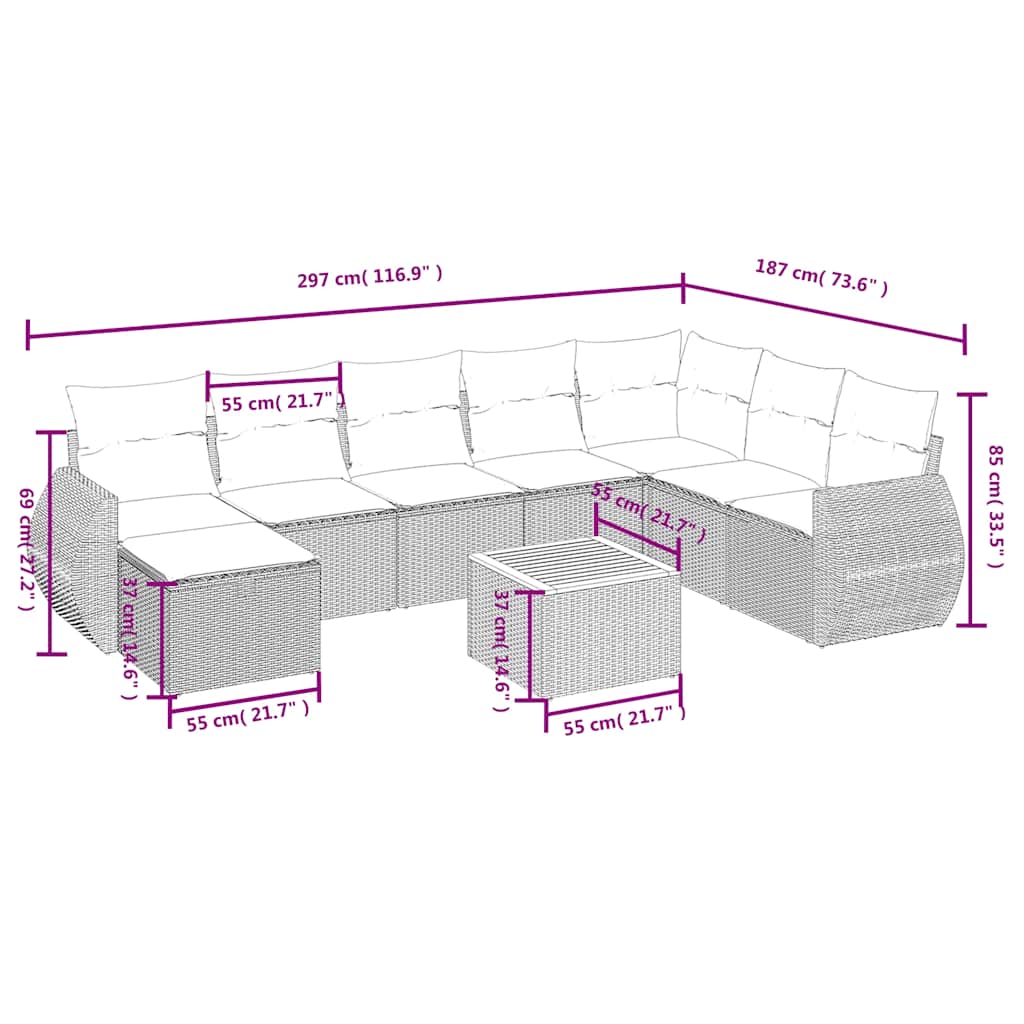 havesofasæt med 9 dele og hynder grå polyrattan