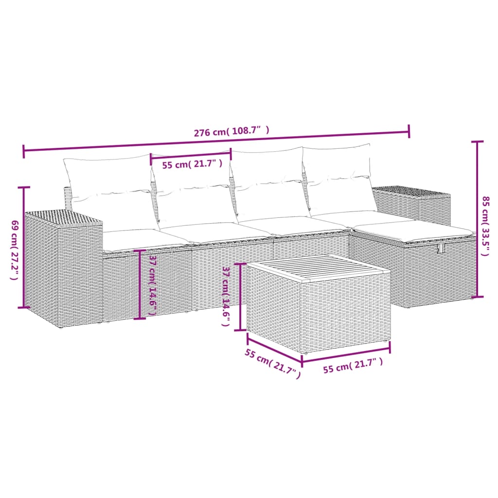 sofasæt til haven 6 dele med hynder polyrattan beige