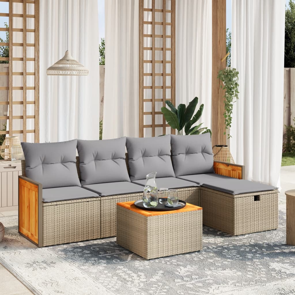 havesofasæt 6 dele med hynder polyrattan beige