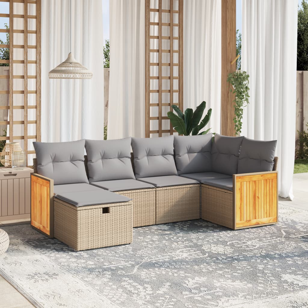 havesofasæt 6 dele med hynder polyrattan beige