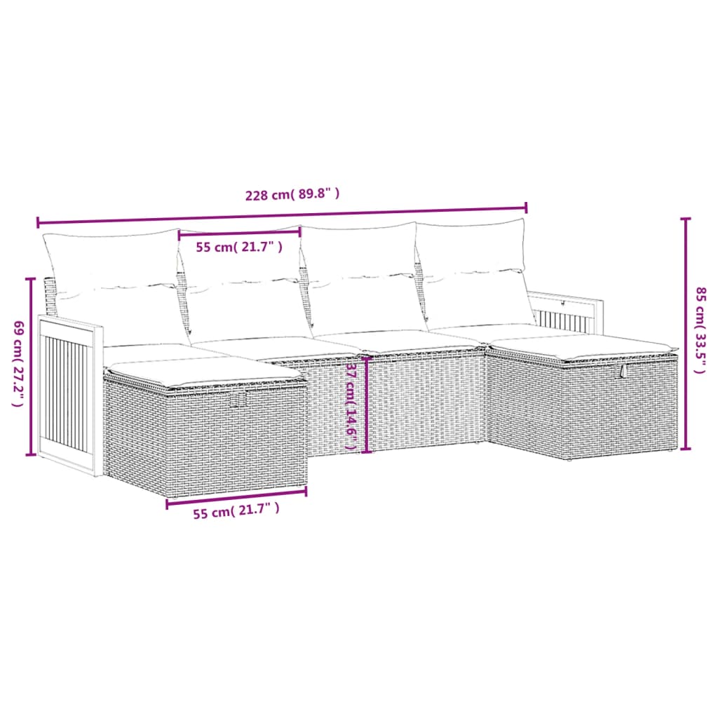havesofasæt 6 dele med hynder polyrattan beige