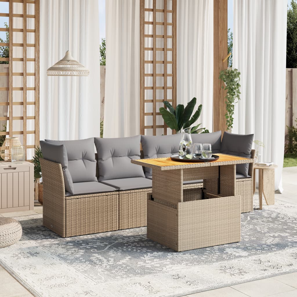 sofasæt til haven 5 dele med hynder polyrattan beige