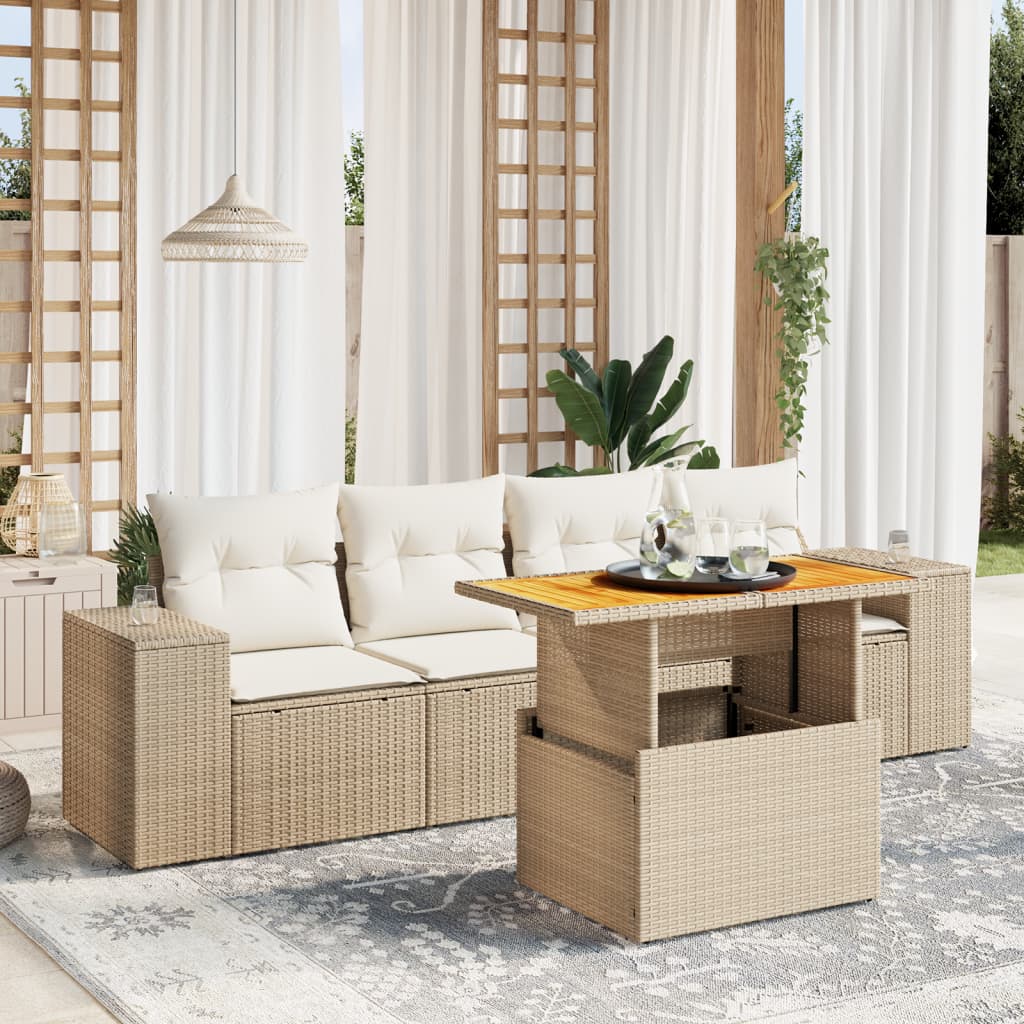 sofasæt til haven 5 dele med hynder polyrattan beige