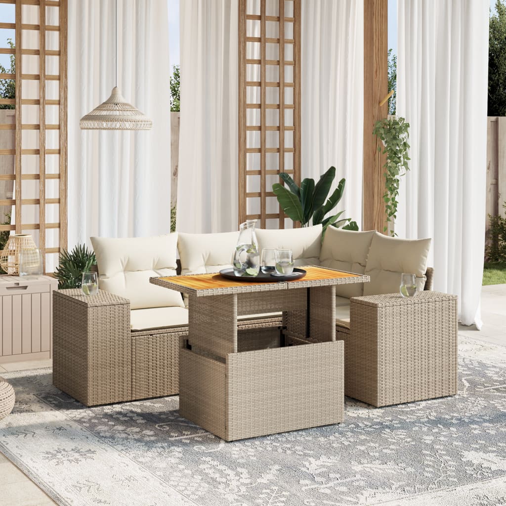sofasæt til haven 5 dele med hynder polyrattan beige