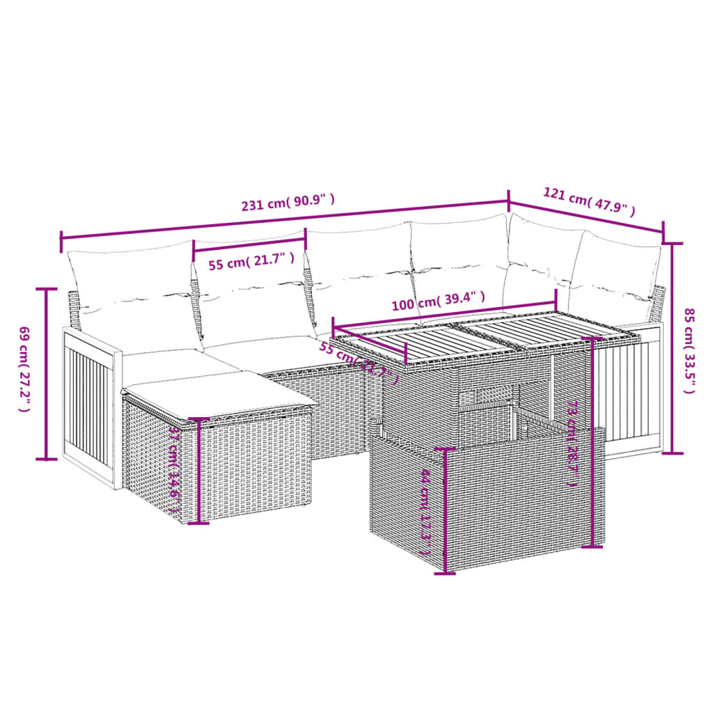 sofasæt til haven 7 dele med hynder polyrattan beige