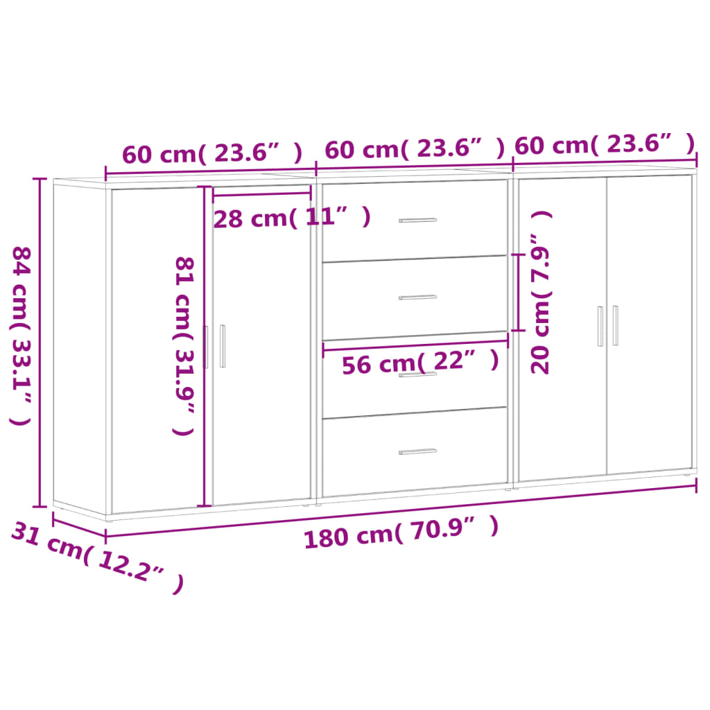 kommoder 3 stk. 60x31x84 cm konstrueret træ sonoma-eg